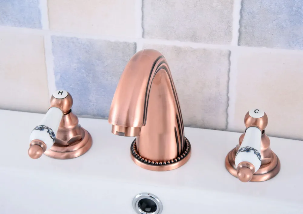 

Antique Red Copper Brass Deck Mounted Dual Handles Widespread Bathroom 3 Holes Basin Faucet Mixer Water Taps msf537
