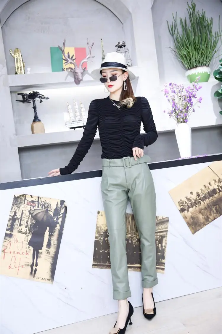 YR!Free shipping.2021 brand Women pencil pants.casual 100% genuine leather pants.fashion slim sheepskin trousers.ankle length