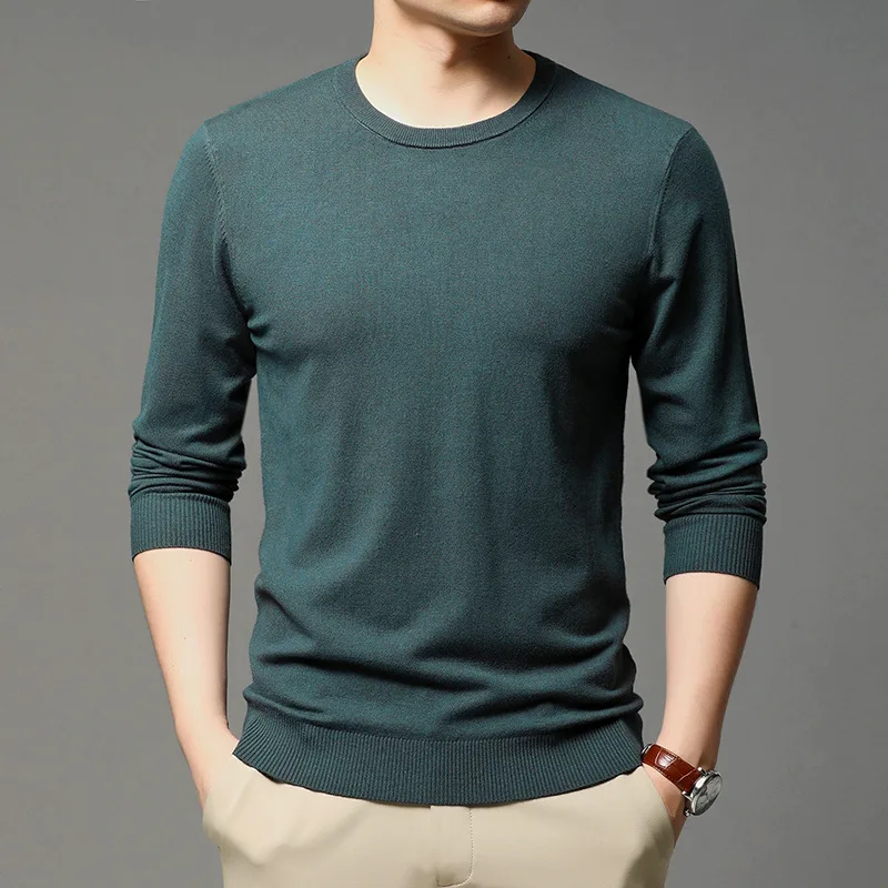

Новинка Весна-Осень-зима 2021, однотонный мужской вязаный пуловер с воротником-стойкой, деловой Повседневный Однотонный свитер, Базовая руба...