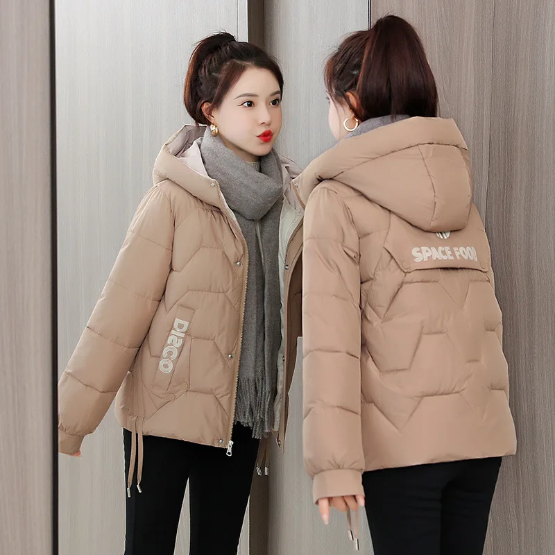 

2021 Winter Jacket Womens Short Parkas Thicken Outerwear Solid Hooded Coats Zipper Female Slim Cotton Padded Basic Tops S235