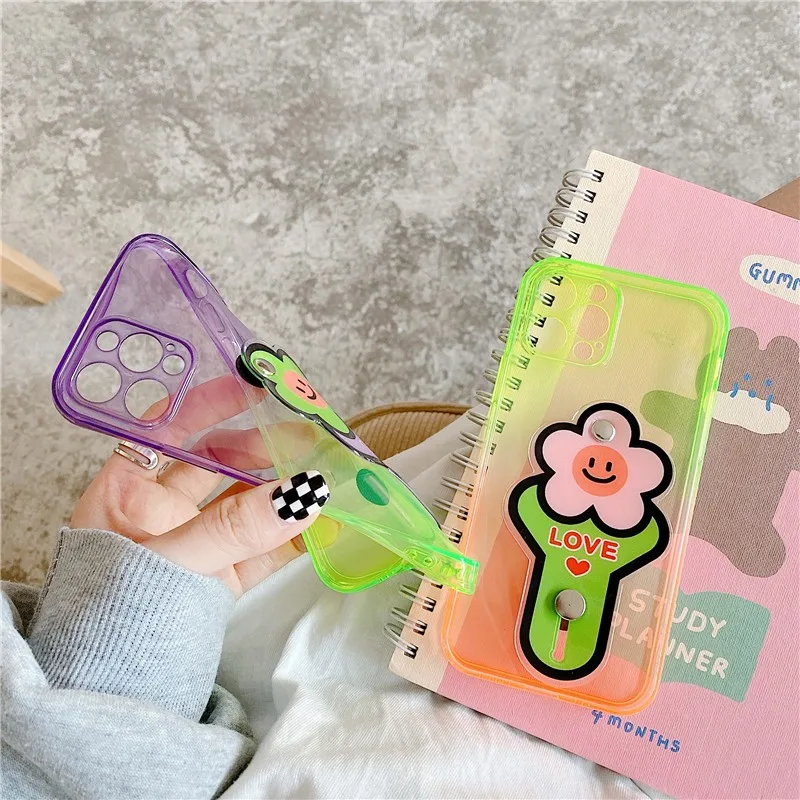 

Cute Fluorescent Colorful Flower Stand Girl Soft Case For Iphone 11 12 Pro Max Mini 7 8 Plus Xr X Xs Se 2020 Phone Cover Fundas