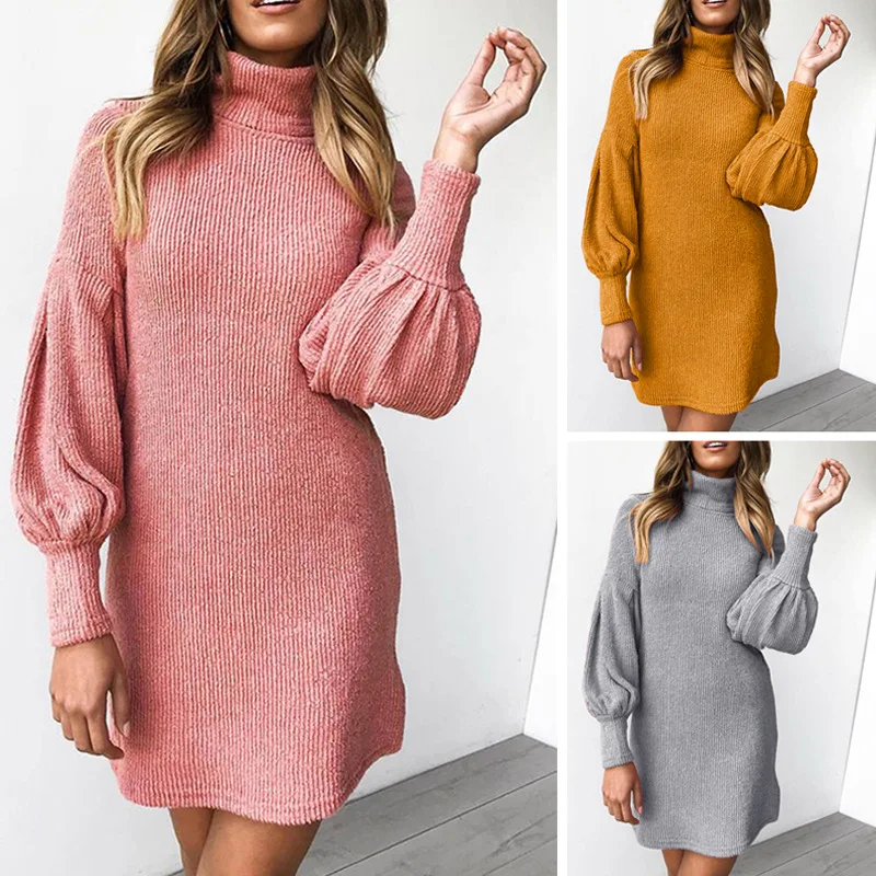 

Women Lantern Long Sleeve High Collar Mini Dress Fashion Solid Elegant Women Party Club Dress Autumn Knitted Dress Vestidos