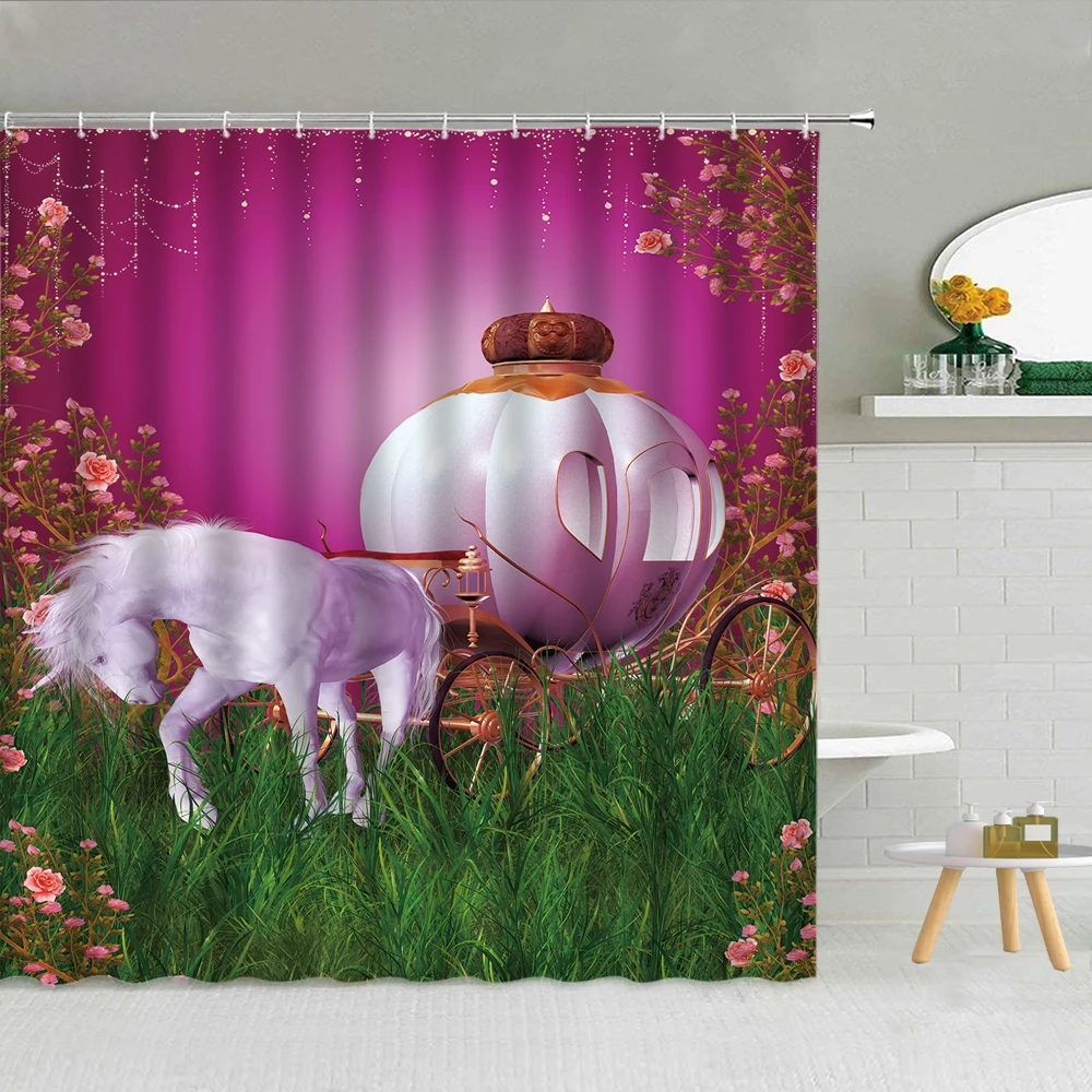 

Fairy Forest Scenery Shower Curtains Unicorn Horse Pumpkin Cart Mushroom Flower Bathroom Decor Hooks Curtain Waterproof Cloth