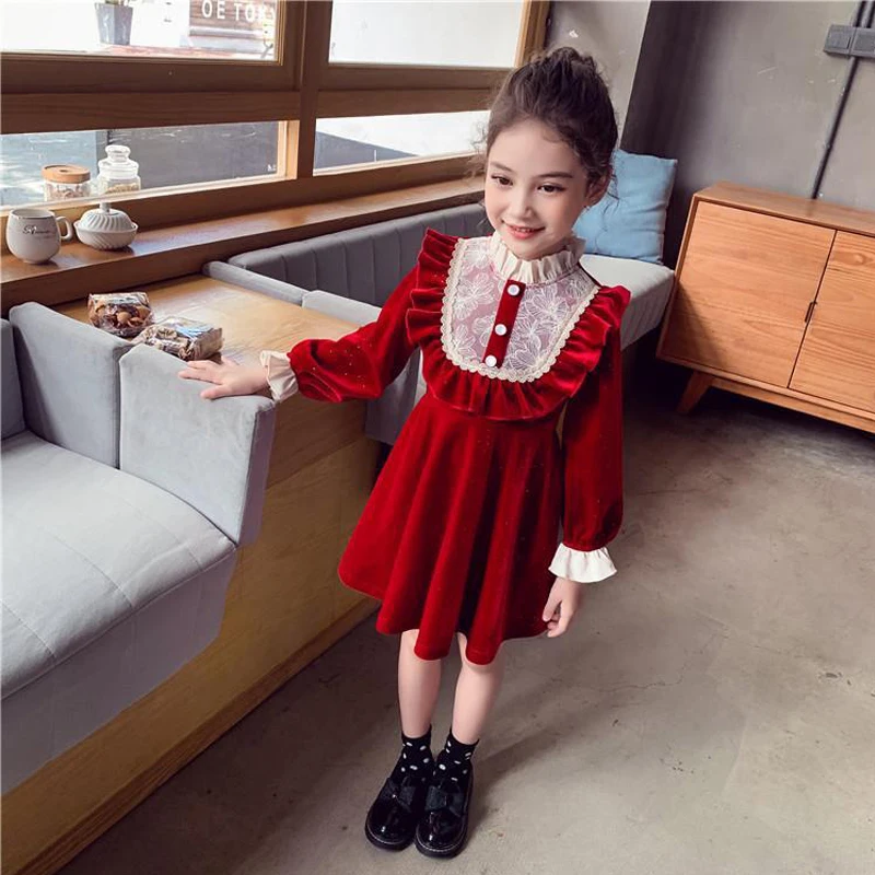Платье для девочек осеннее платье Новое Детское принцессы Красное Кружевное