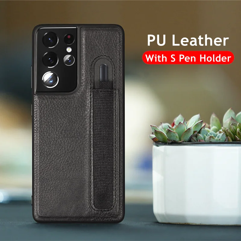 

Чехол-держатель с карманом для стилуса для Samsung Galaxy S21 Ultra, чехол для телефона из искусственной кожи, жесткая пластиковая рамка, противоударн...