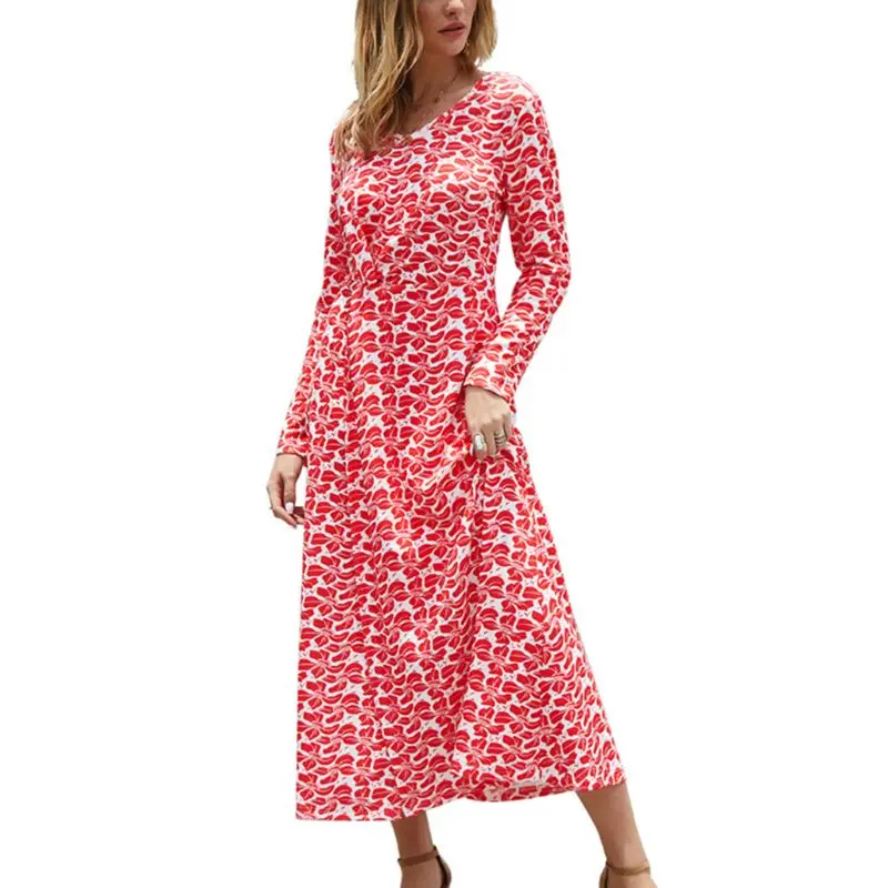 

2020 Spring Autumn Women Plus Size Red Dress V-Neck Print High Waist Slit Long Sleeve Elegant Party Casual Dresses