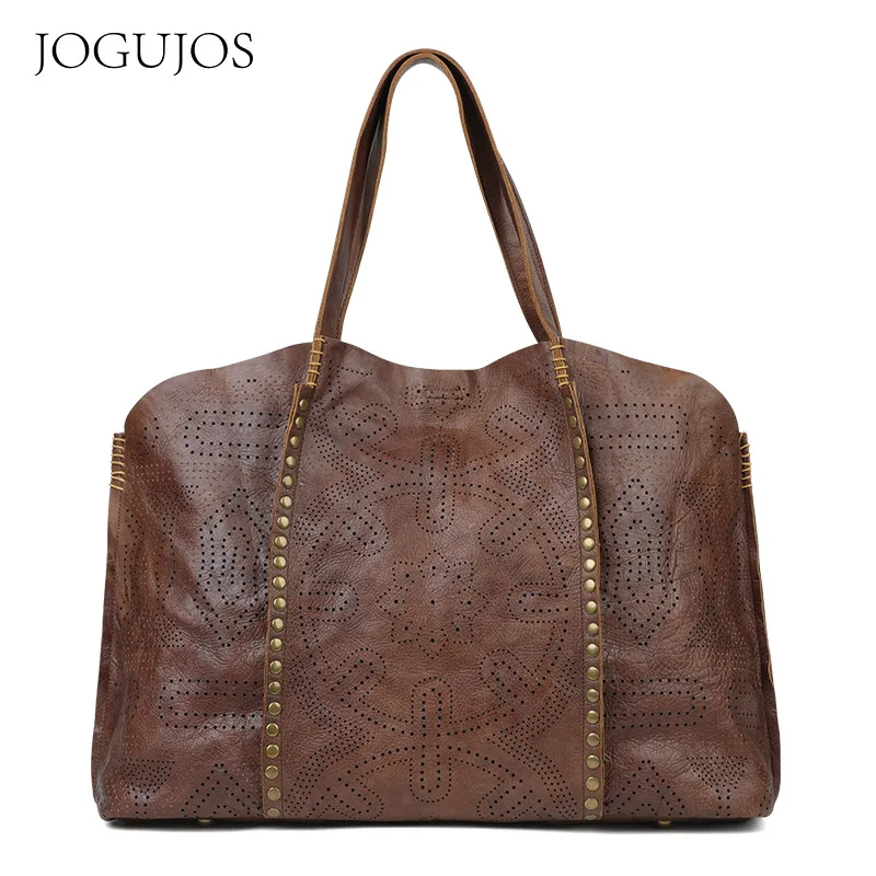 

2020 New European and American Fashion Women's genuine Leather Bags Original Retro Large thick cowhide Shoulder Bag rivet bag