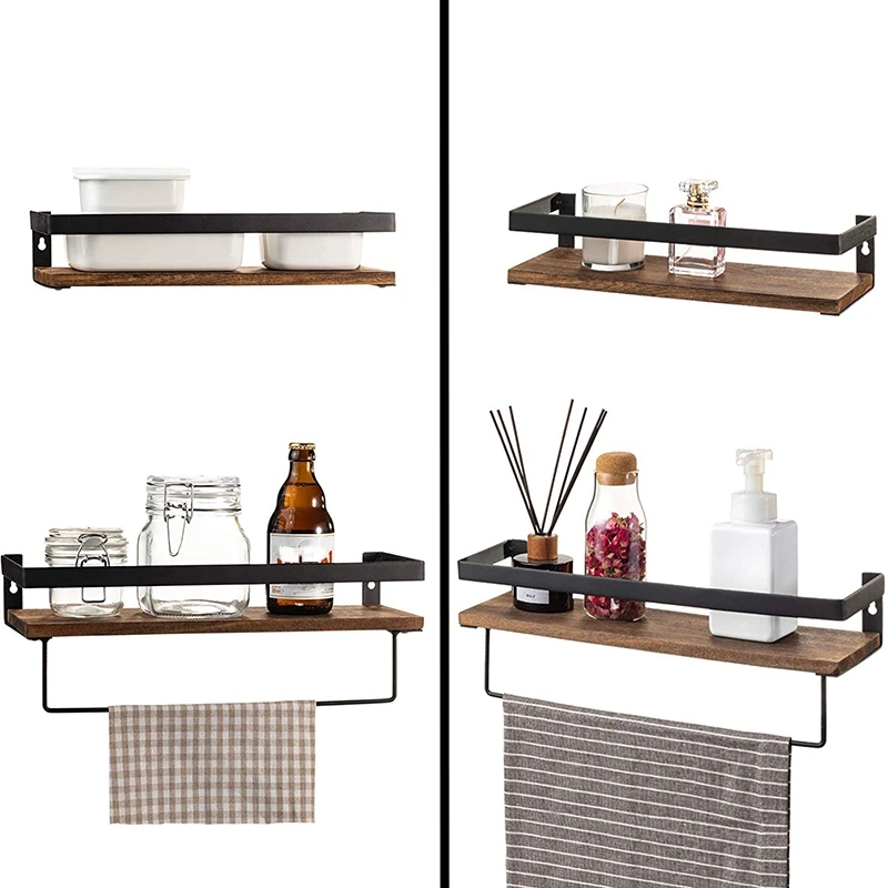 

Bathroom Storage Shelf Wall Mounted Set of 2,Rustic Wood Floating Shelves with Removable Towel Bar,Perfect for Kitchen, Bathroom