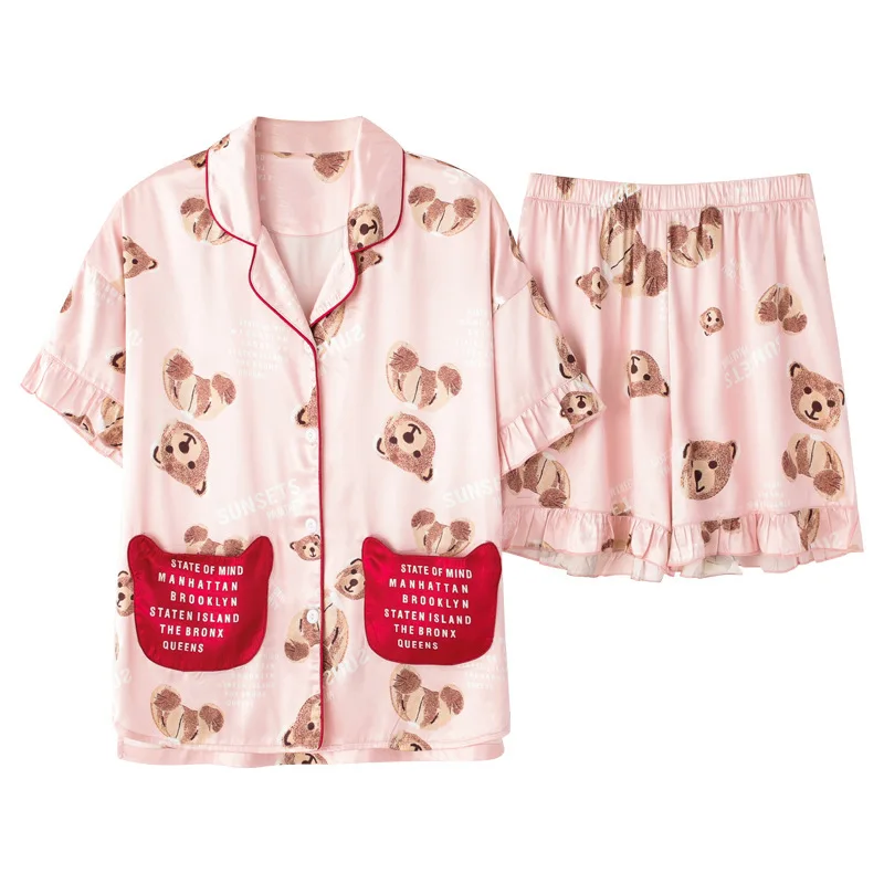Satin Cartoon Print Cute Pajamas Women Sleepwear Summer Shorts Nice Pyjamas Lovely Pyjama Sets Femme Homewear Pajama