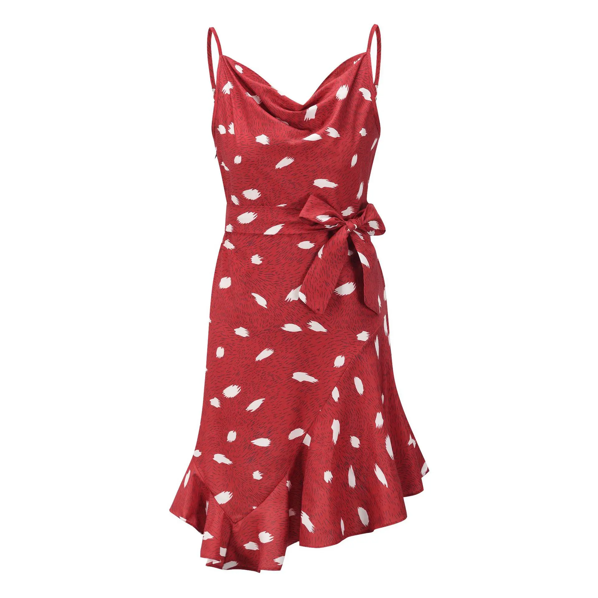 

Dress Summer 2021 Fashion Printing Spaghetti Strap Knee-Length Ruffle Draw Back Temperament Middle Length Dresses