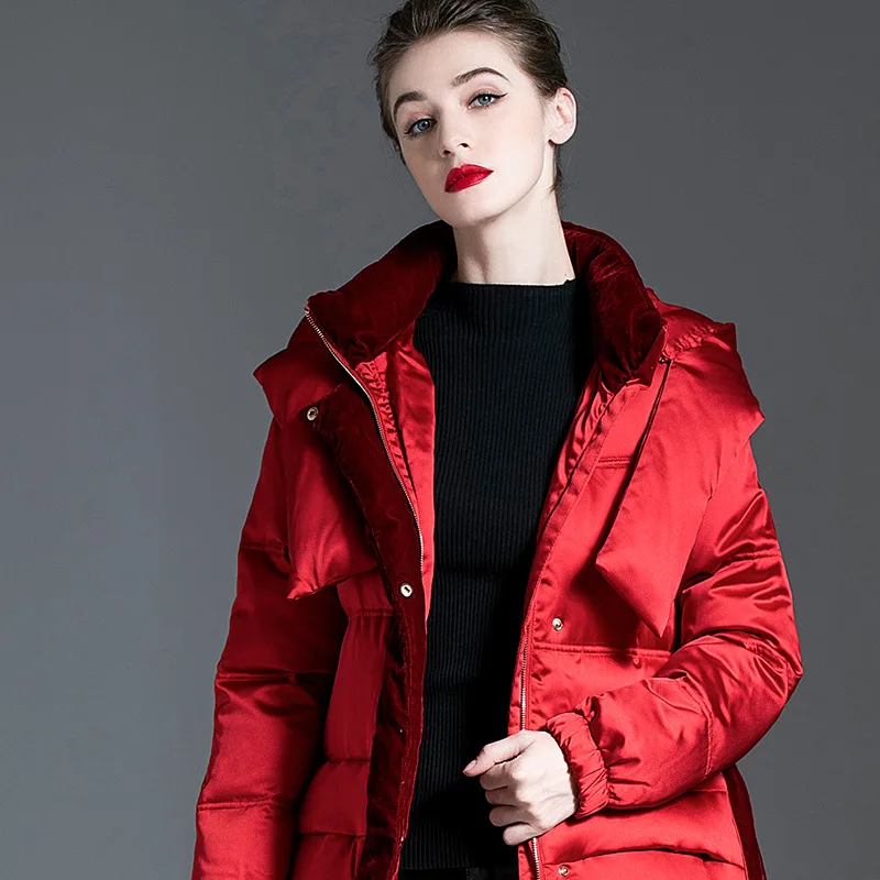 

2020 Winter High End Fashion Velvet Stitching Women Plus Size Lacing Belt Loose X-Long Thicked 90% White Duck Down Coat Jacket