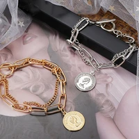multilayer chunky chain bracelet vintage gold silver color portrait coin cross pendant bracelet for women fashion party jewelry