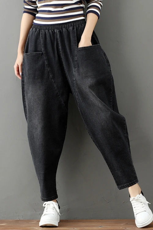 

Jeans Denim-Trousers Harem pants Bleached Printed Harajuku Loose Vintage Elastic waist Casual DM001