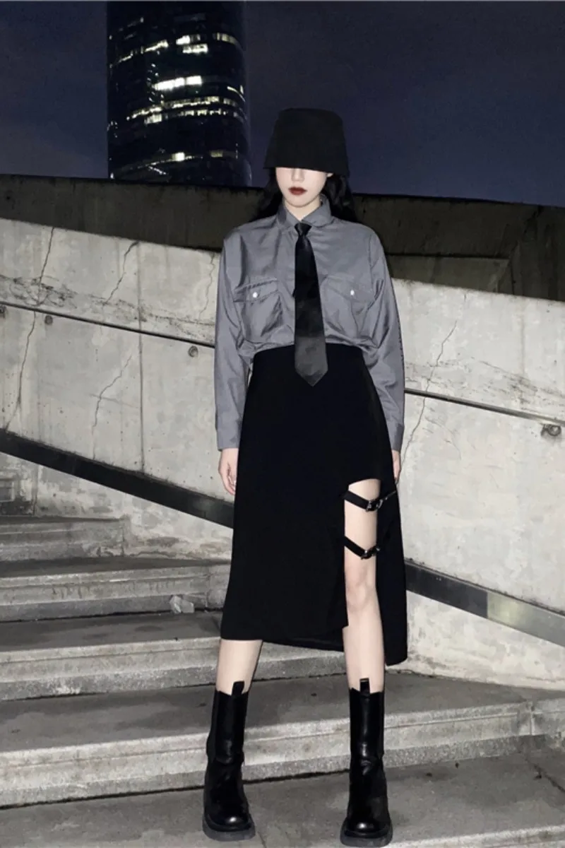 

Summer New Gothic Streetwear Women Skirts Punk Belt Buckle Asymmetrical Skirt Female Hip-hop Y2k High Waist Skirts