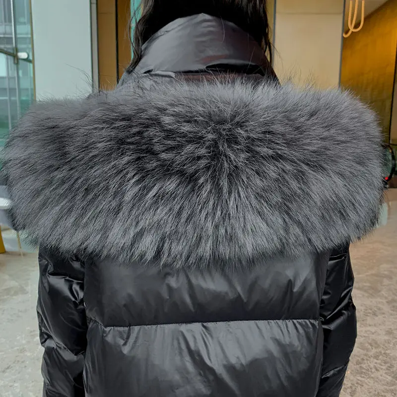 

FAKUNTN New Fashion Black Winter Women's Down Jacket Causal Ladies Long Down Pocket Stand Collar Fur Hooded Zipper Coat Parka