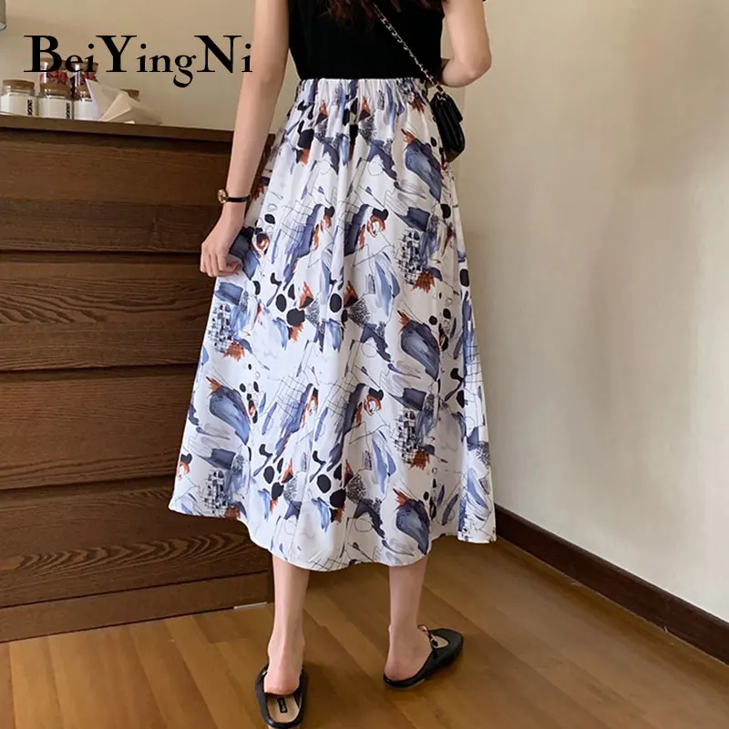 

Beiyingni 2021 Floral Printed Chiffon Skirts Womens High Waist Vintage Young Beach Faldas Elegant Casual Harajuku A-line Saias
