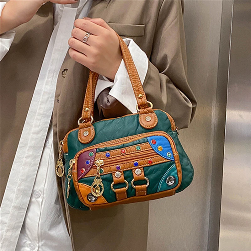 

Women's handbag European and American trend soft water washing leather color matching Single Shoulder Bag Messenger Bag