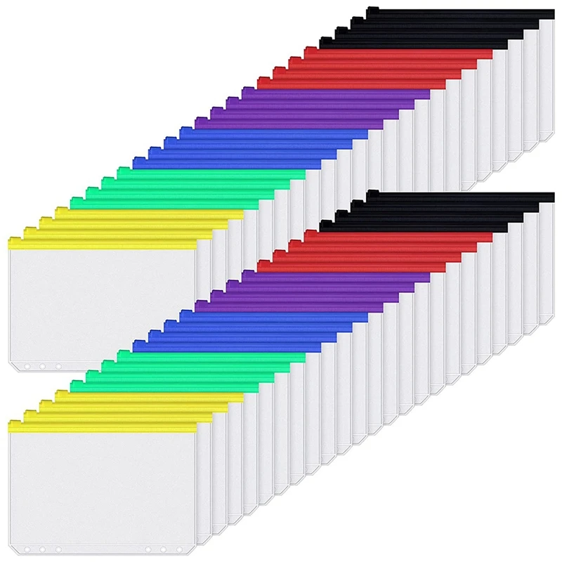 

48 Pcs A5 Color Documents Bag Binder Pocket 6-Hole Zipper Binder Waterproof PVC Folder for Notebooks Documents and Cards