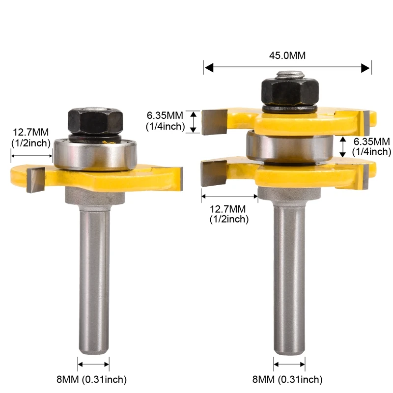 2 pc 8mm Shank Tongue & Groove Joint Assembly Router Bit Set Stock Wood Cutting Tool Milling Cutters 1/2'' Width Depth |