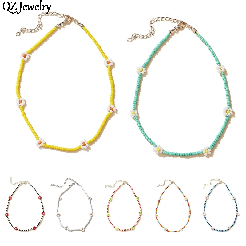 

Chic Colorful Flowers Beadeds Choker Necklace Charm Statement Necklace for Women Bohemia Choker Clavicle Vacation Jewelry Gifts