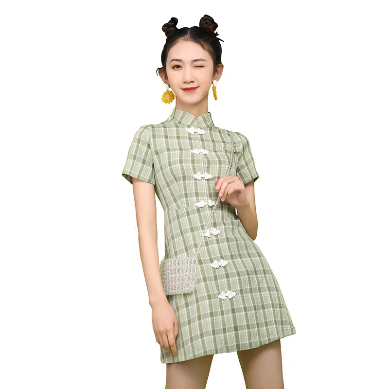 

Summer New Women's Green Retro Chinese Style Improved Cheongsam Buckle Slim Small Dress
