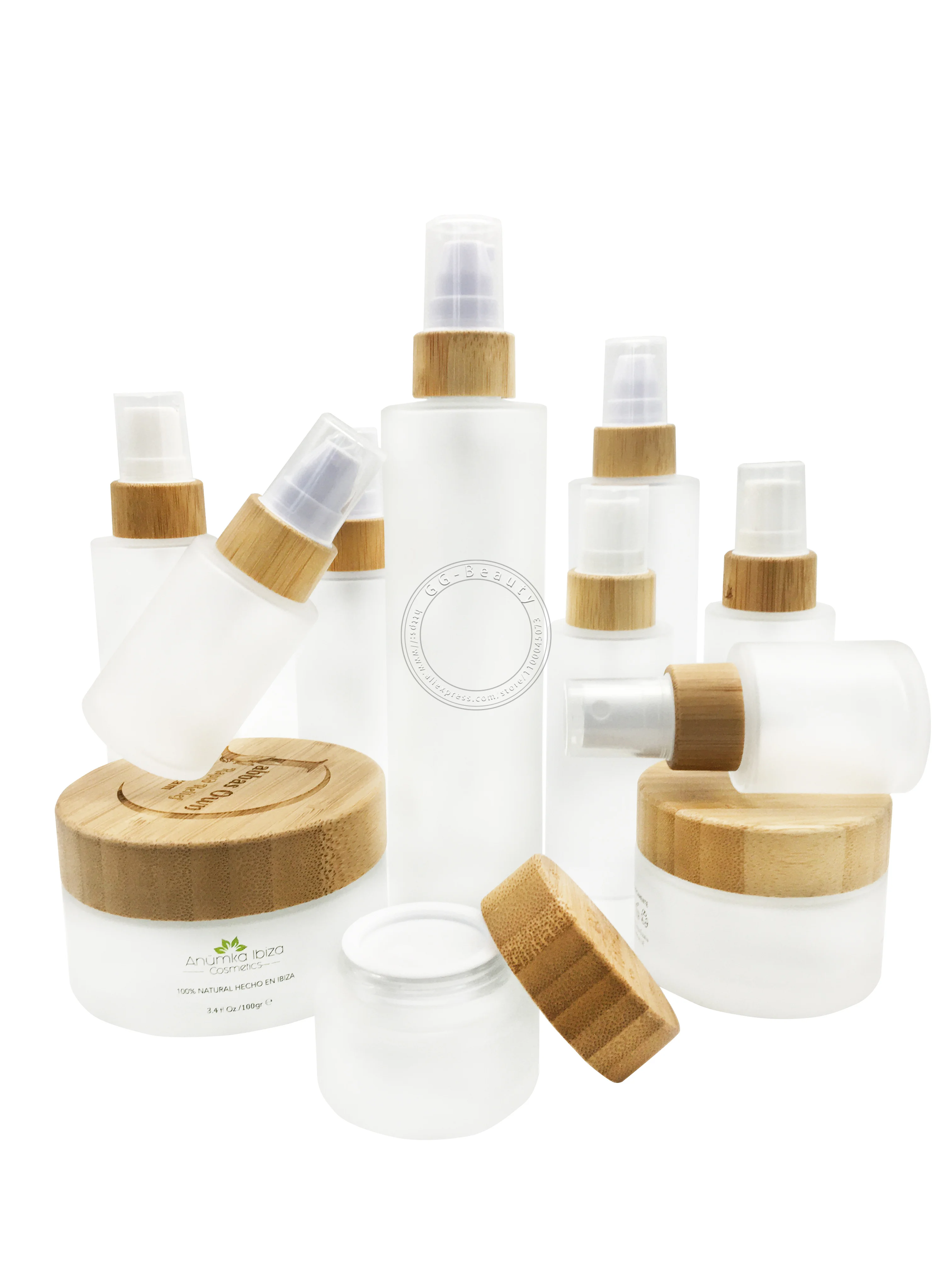 

30ML 60ML 80ML 100ML Frosted Glass Lotion Pump Bottles Friendly Bamboo Lid Eye Cream Sample Pot Travel Empty Cosmetic Container