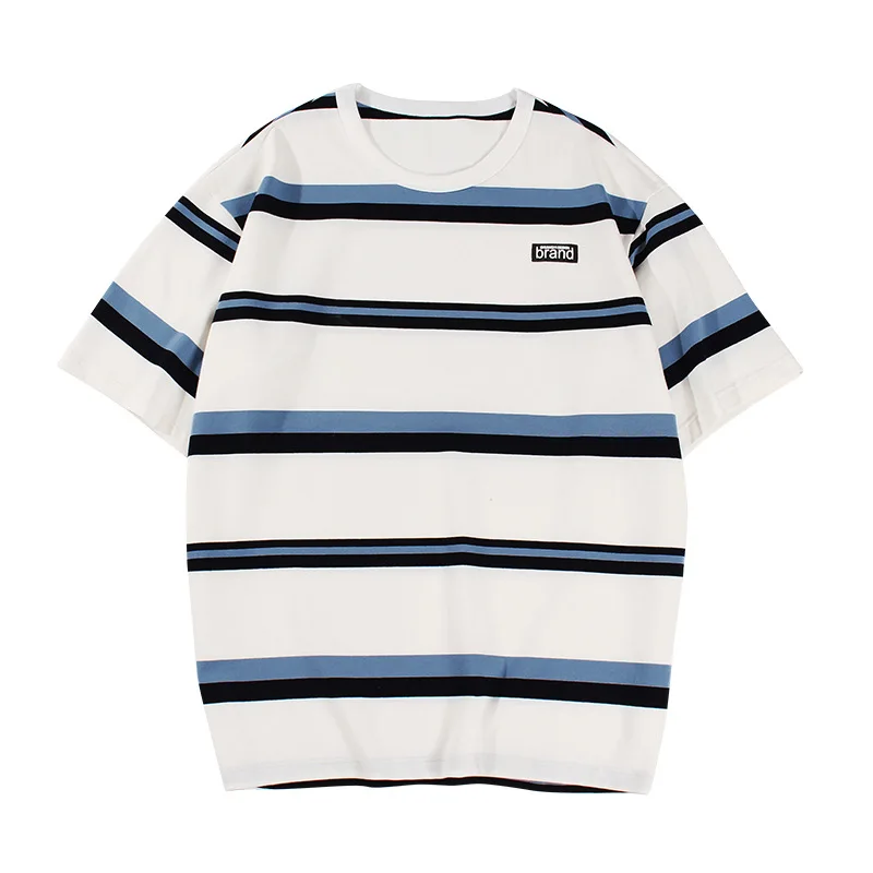 

2021 Summer New Couple Short-sleeved T-shirt Men's Loose Black and White Striped Round Neck T-shirt Men's