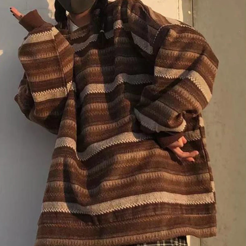 

Women Striped Knit Sweater Oversize Ulzzang BF Unisex Couples Hip Hop Pullovers Tops Long Sleeve Autumn Winter Japanese Jumper
