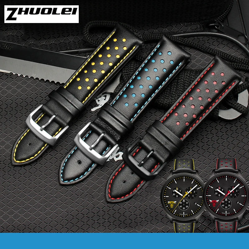 

For Omega Tissot T116.617 fashion Sport Genuine leather watch strap male 22mmBlack red orange blue yellow line Soft accessories