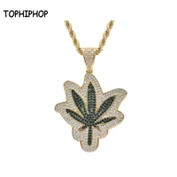 tophiphop bling iced cubic zirconia green maple leaf pendant necklace gold brass hiphop jewelry gifts for men and women