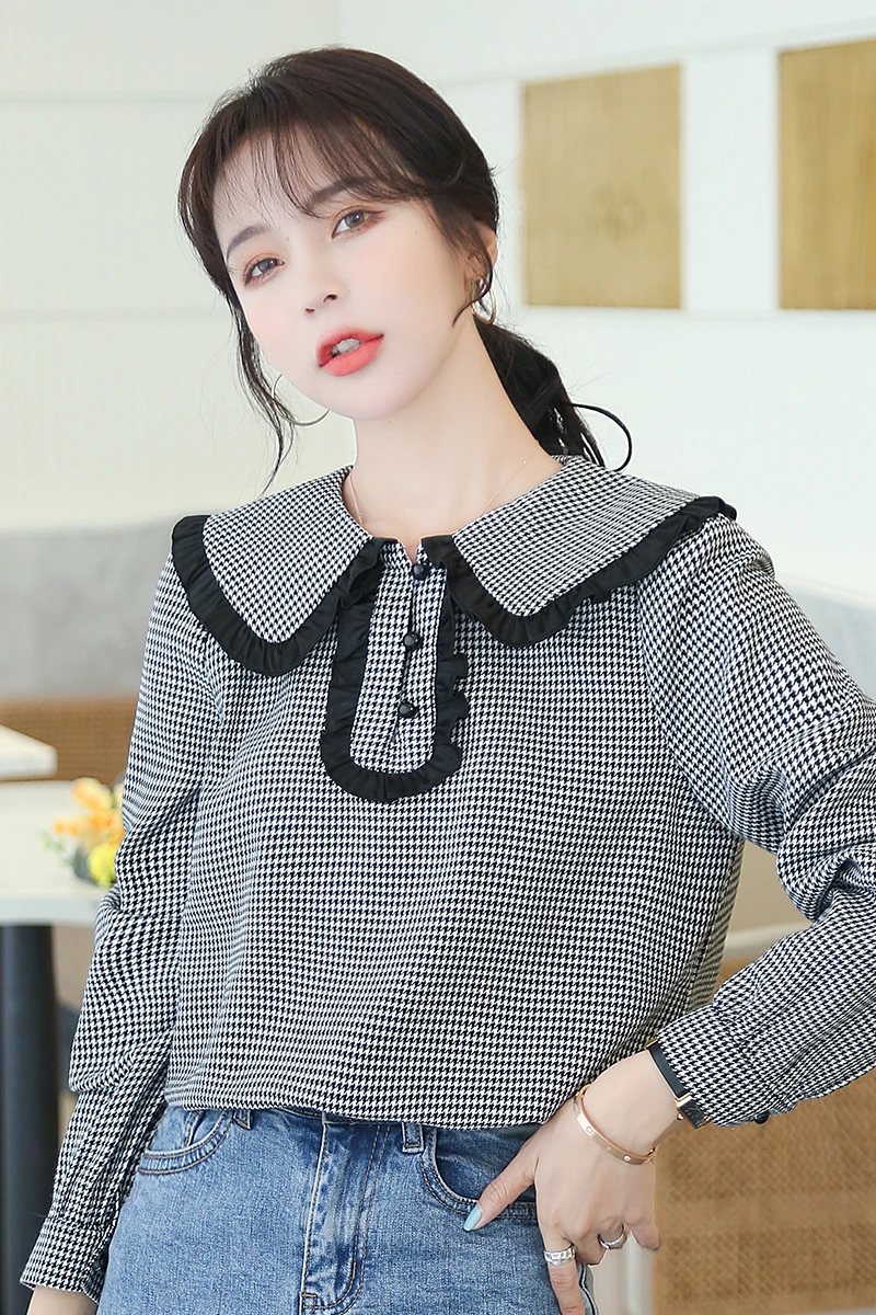 

Houthion New Casual Women's Blouse Cotton Slim Blouses Fashion Long Sleeve Top Lattice Doll Collar Shirt Spring/autumn