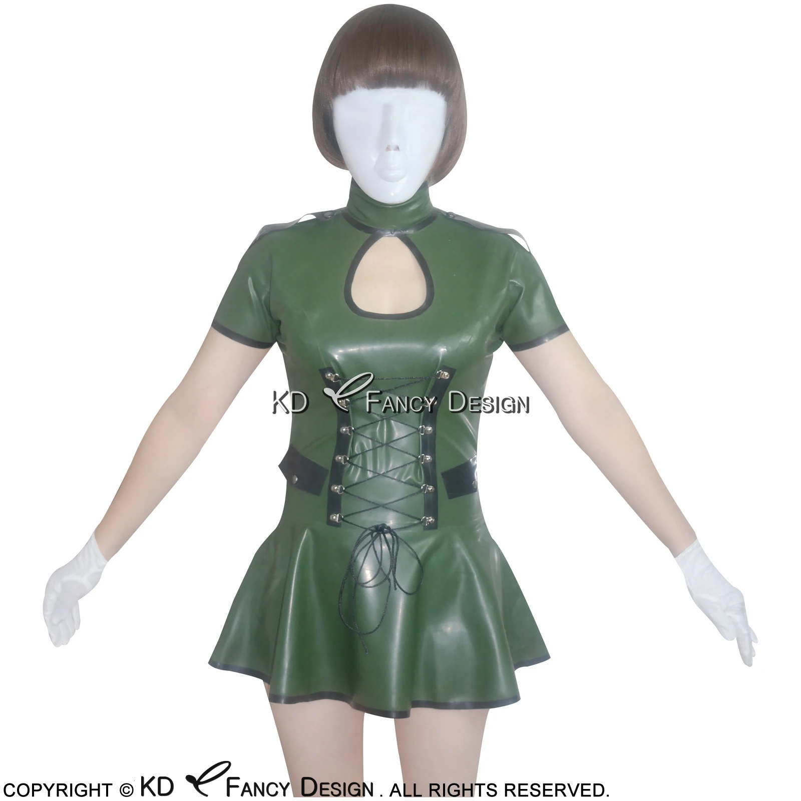 

Olive Green And Black Trims Sexy Latex Dresses With Zipper At Back Lacing Front Rubber Military Uniform LYQ-0001