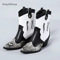 2019 winter women western cowboy ankle boots bohemian black white python pattern chunky high heels super plus size wild booties