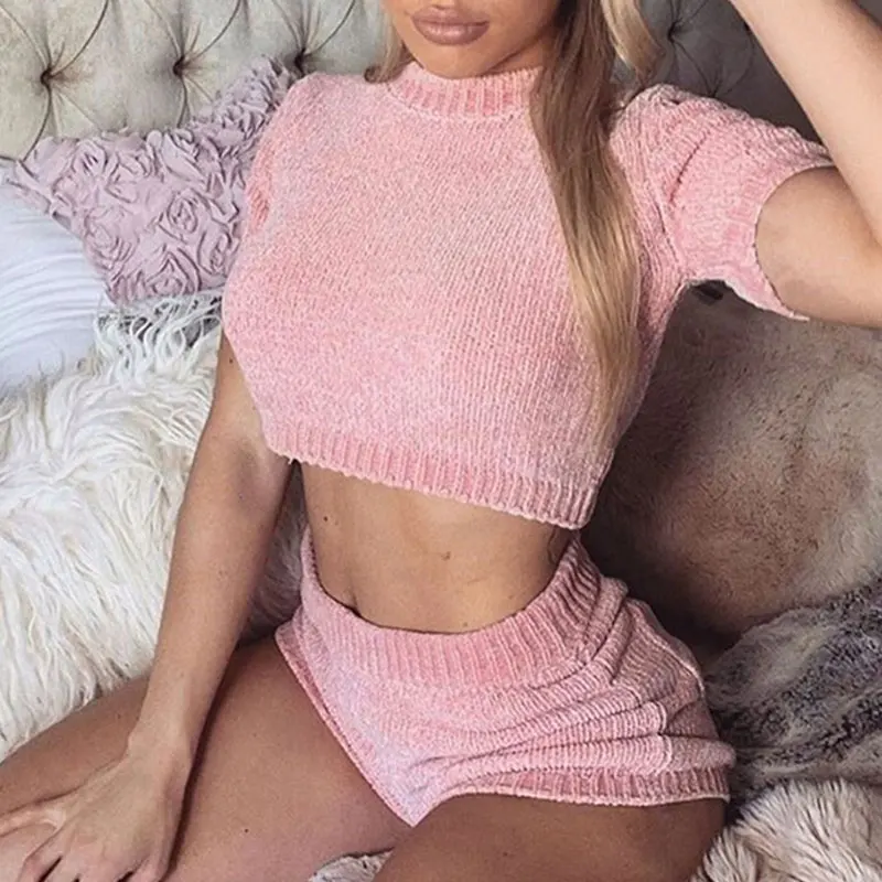 Весенне-осенние сексуальные трикотажные женские костюмы с круглым вырезом и