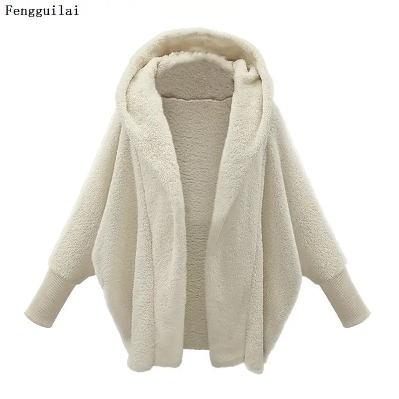 ivory Новое осенне-зимнее женское пальто Vestido размера плюс, модное повседневное свободное однотонное плюшевое пальто с длинным рукавом и капюшоном для женщин, большая верхняя одежда - Цвет: ivory
