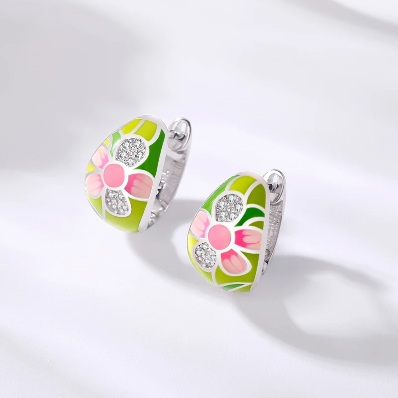 Женские серьги с розовой эмалью из серебра 2020 пробы цветком персика и цирконием