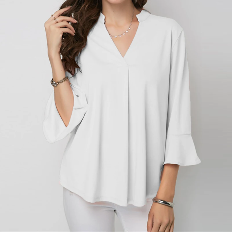 

Summer Women V-neck Chiffon Blouse Ruffles Three Quarter Sleeves Female Solid Casual Shirt Feminina Camisas Blusas Plus Size