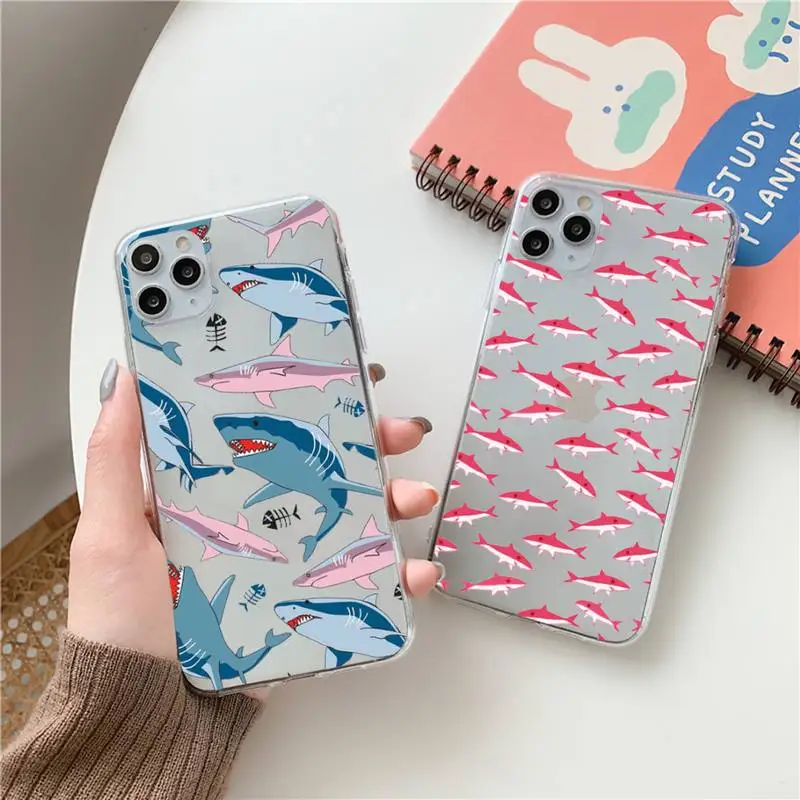 

cartoon shark animal Pink blue Phone Case Transparent for Clear iPhone case 11 12 mini pro XS MAX 8 7 6 6S Plus X 5S SE 2020 XR