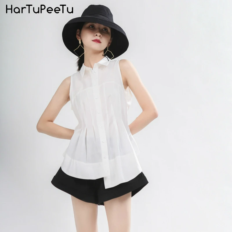 Blouse Women Korean 2020 Summer Plus Size Fit Elegant White Shirt Sleeveless Pleated Tunic Tops Big Arc Irregular Hem Buttons