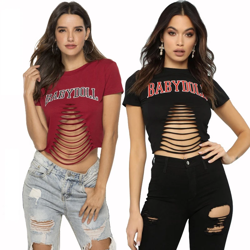 

Summer Women Crop Tops Sexy Fringed Skintight T-Shirt Fashion Round Neck Short Sleeve Tees