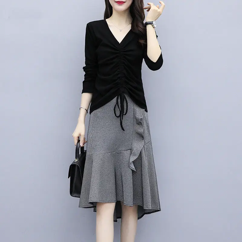 Женский модный элегантный костюм-двойка облегающая футболка с V-образным вырезом