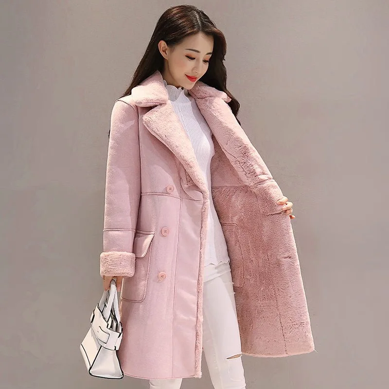 

2020 winter lambs wool coat female han edition added more wool coat long deerskin flocking lapel cotton-padded clothes