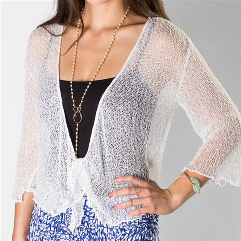 New Summer Solid Lace Chiffon Shirts Capes Women Short Sleeve Shrug Open Front Bolero Tops Cardigan Elegant | Женская одежда