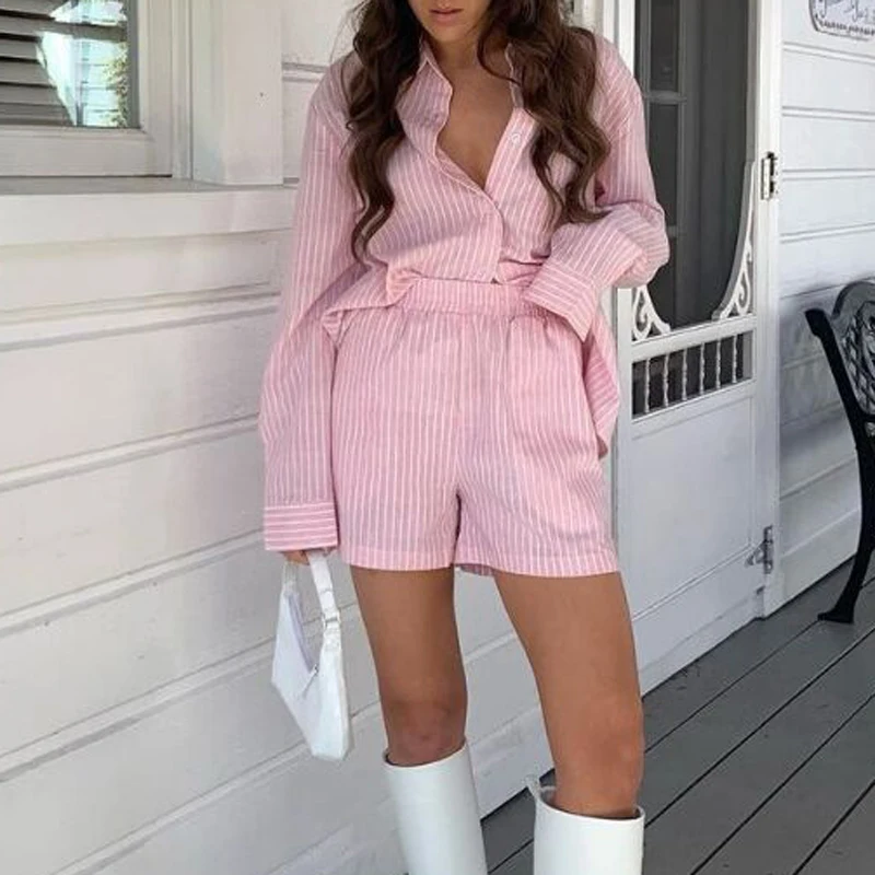 

New Women Turn-Down Collar Shorts Sleep Wear Summer Striped Button Fly Full Sleeve Pyjamas Casual Loose Elegant Female Home Wear