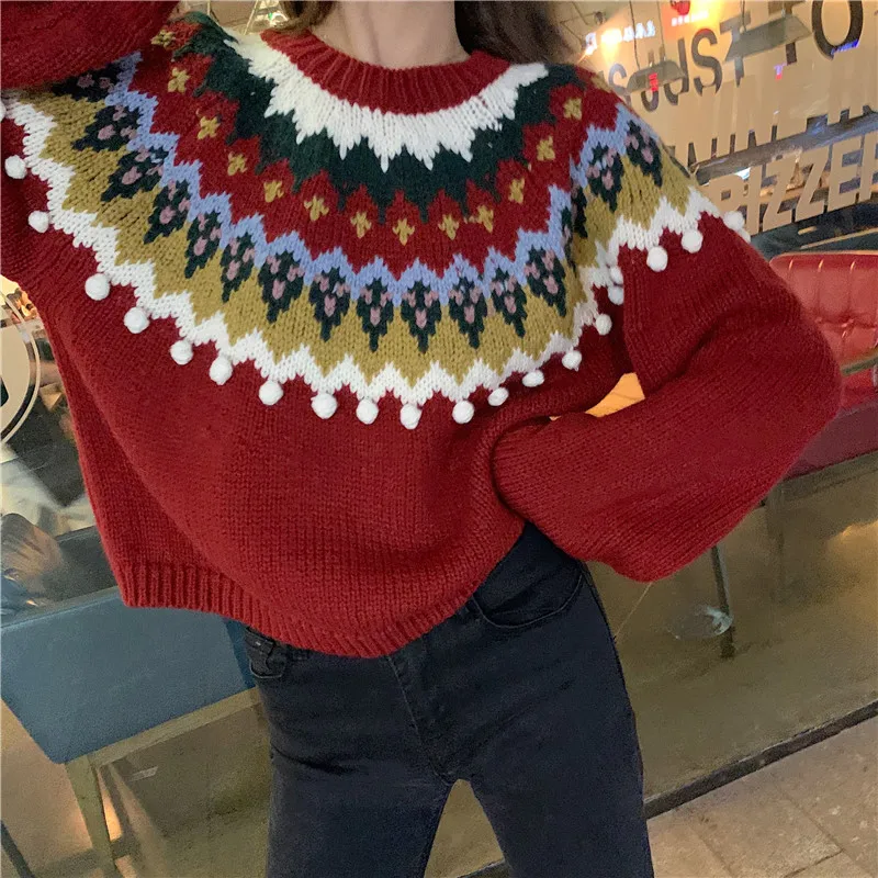 

ZCWXM Vintage Sweater And Pullovers Women Autumn O-neck Christmas Red Knited Oversized Sweaters Winter Holiday Tops Knitwear New