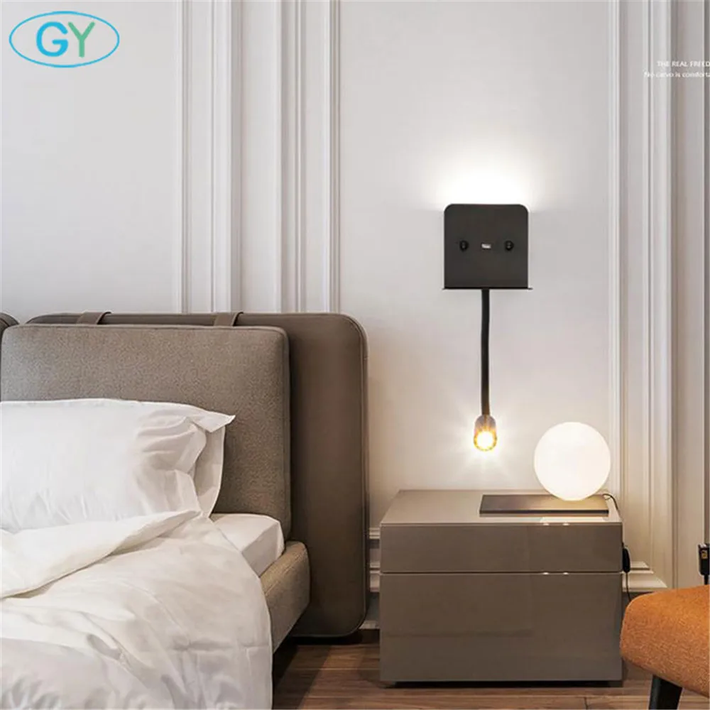 Черная на гибкой ножке светодиодная настенная лампа с usb разъемом для зарядки 3000K