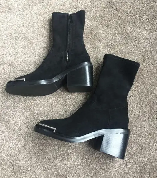 

BONJEAN Newest Black Leather Woman Boots Square Toe Stretch Fabric Thick Heels Ankle boots Winter Warm Boots