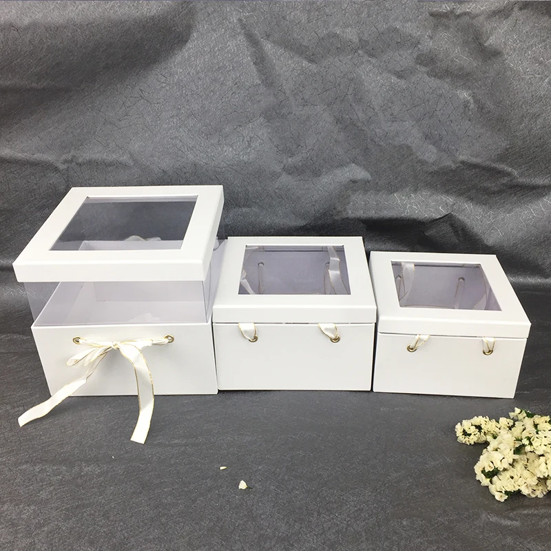 white square Креативная круглая квадратная полупрозрачная ПВХ Цветочная коробка, подарок на день рождения, украшение дома, упаковка, букет цветов, коробки - Цвет: white square