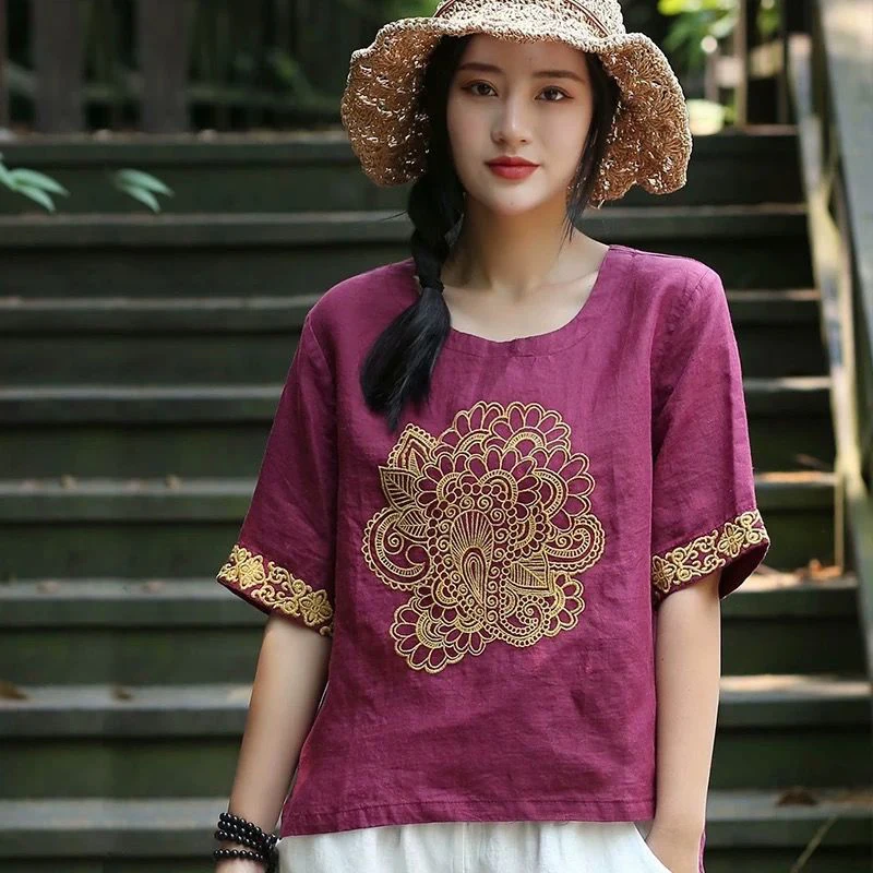 Женская футболка с коротким рукавом винтажная свободная из хлопка и льна