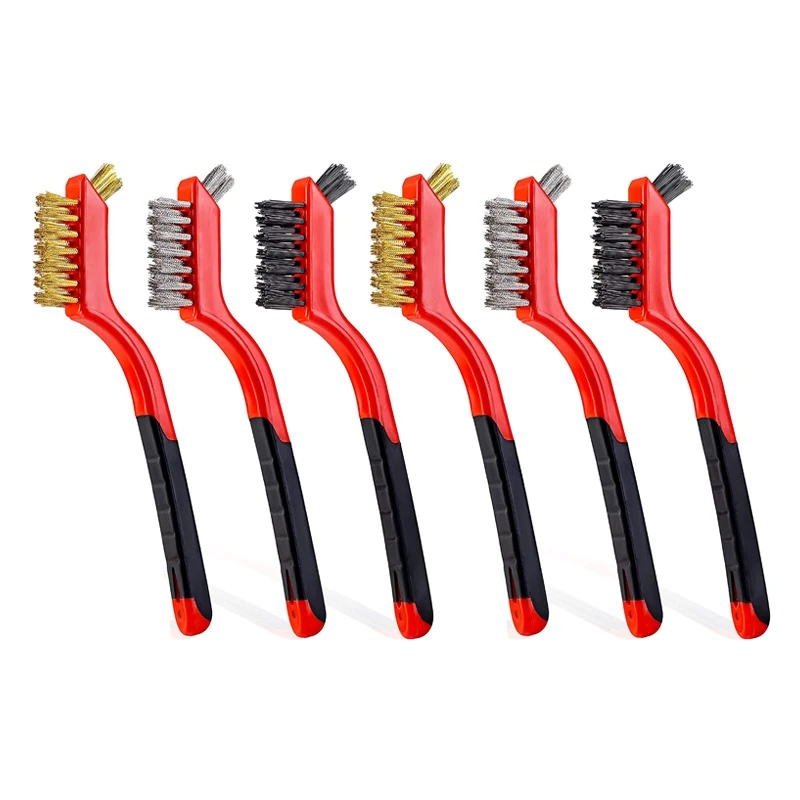 

6 PCS Wire Brush Set-Brass/Nylon/Stainless Steel Bristles Cleaning Brush with Soft Comfortable Handle for Rust, Dirt